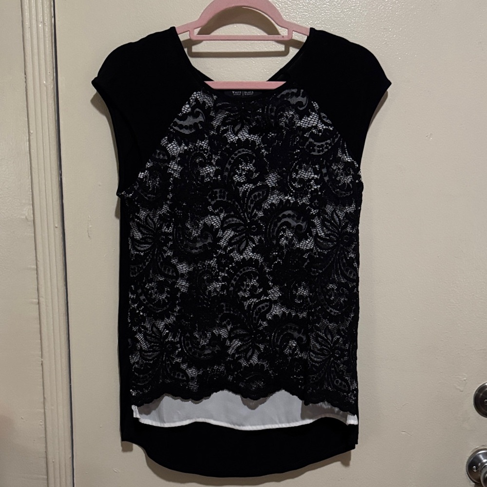 White House Black Market Black and White Lace Blouse
